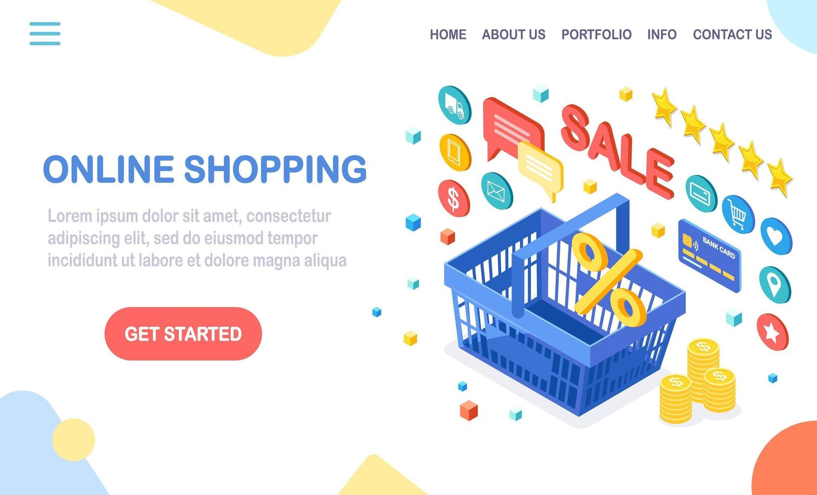 Online shopping concept. Buy in retail shop by internet. Discount sale. 3d isometric basket with money, credit card, customer review, feedback, store icons. Vector design for banner