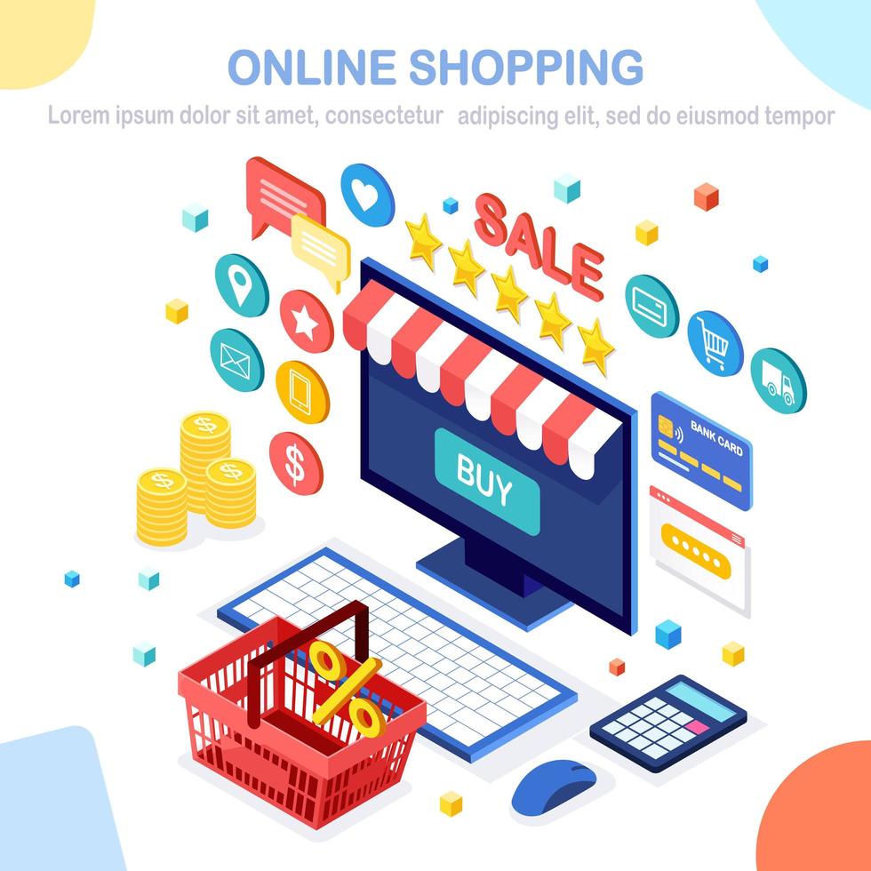 Online shopping , sale concept. Buy in retail shop by internet. 3d isometric computer, laptop with basket, money, credit card, customer review, feedback star. Vector design for web banner