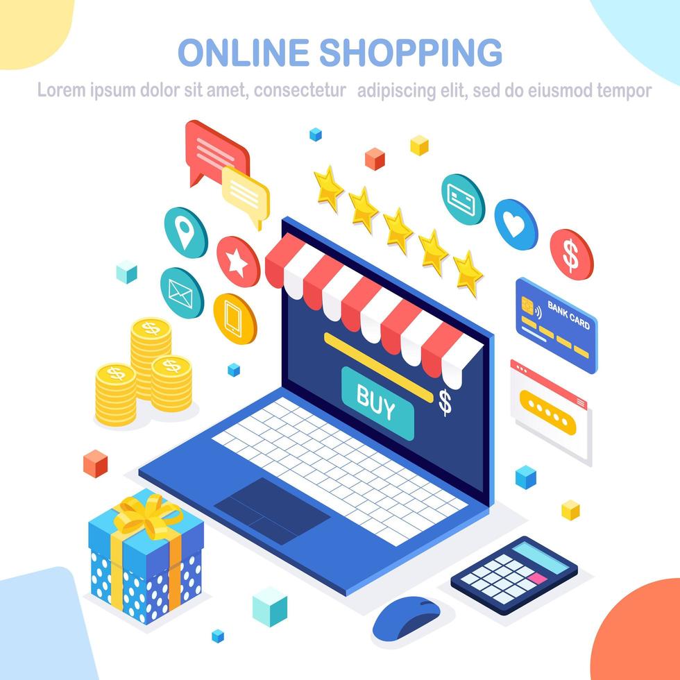 Online shopping , sale concept. Buy in retail shop by internet. 3d isometric computer, laptop with money, credit card, customer review, feedback, gift box, surprise. Vector design for web banner