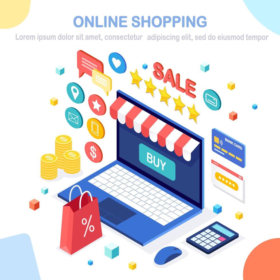 Online shopping concept. Buy in retail shop by internet. Discount sale. 3d isometric computer, laptop with money, credit card, customer review, feedback, bag, package. Vector design for web banner