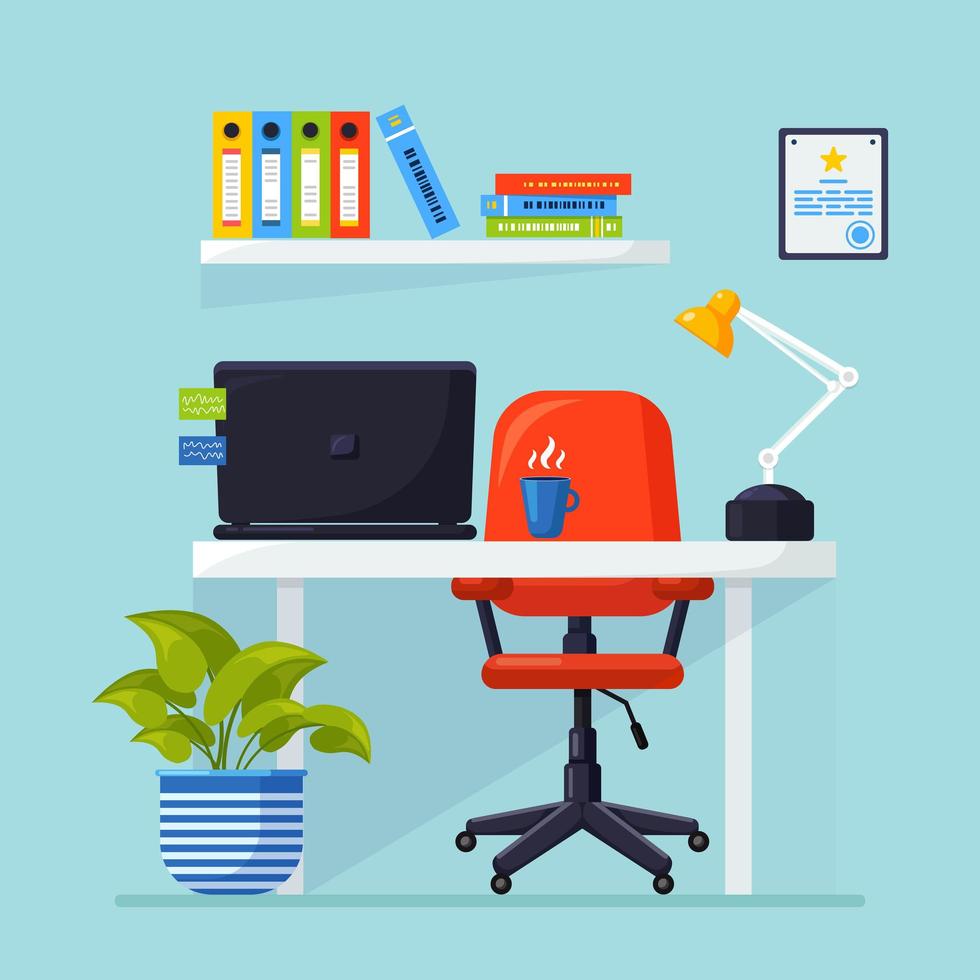 interior de oficina con escritorio, silla, computadora, computadora portátil, documentos, lámpara de mesa. lugar de trabajo para trabajador, empleado. diseño plano vectorial vector