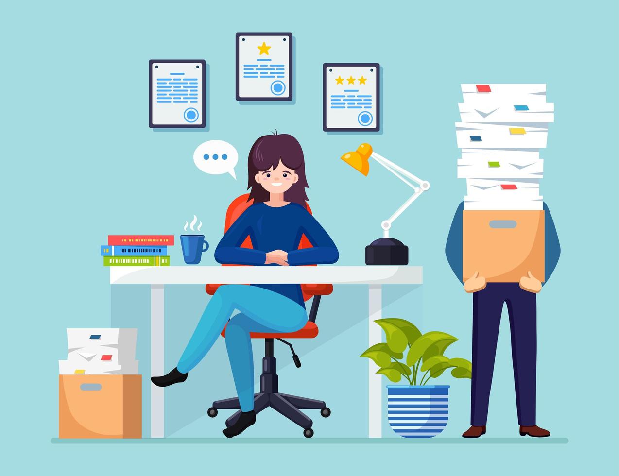 Busy businessman with stack of documents in carton, cardboard box. Business woman working at desk.  Office interior with computer, laptop, coffee. Paperwork. Bureaucracy concept. Vector flat design