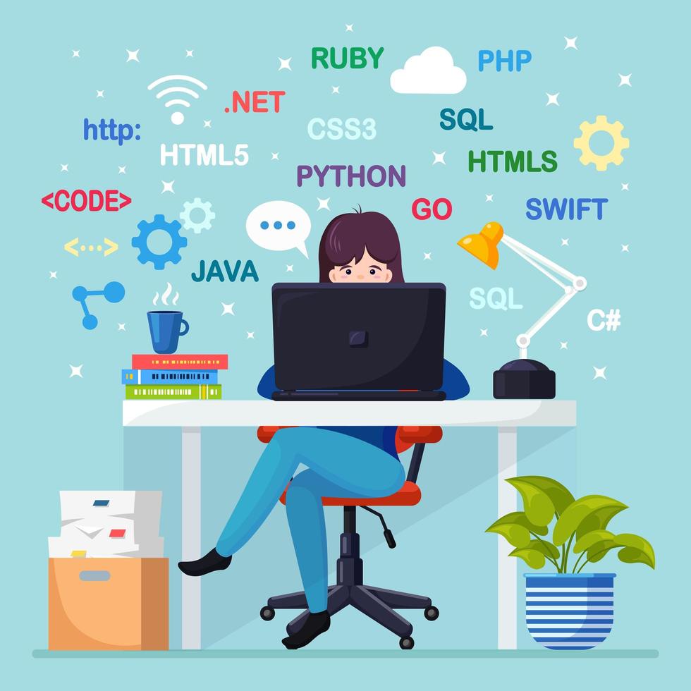 Programming, coding. Programmer sitting at desk and working. Ofiice table with laptop, documents, lamp, coffee. Vector flat design