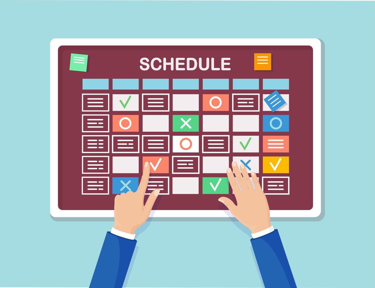 horario de planificación en concepto de tablero de tareas. planificador, calendario en pizarra. lista de eventos para el empleado. trabajo en equipo, colaboración, concepto de gestión del tiempo empresarial. diseño plano vectorial vector