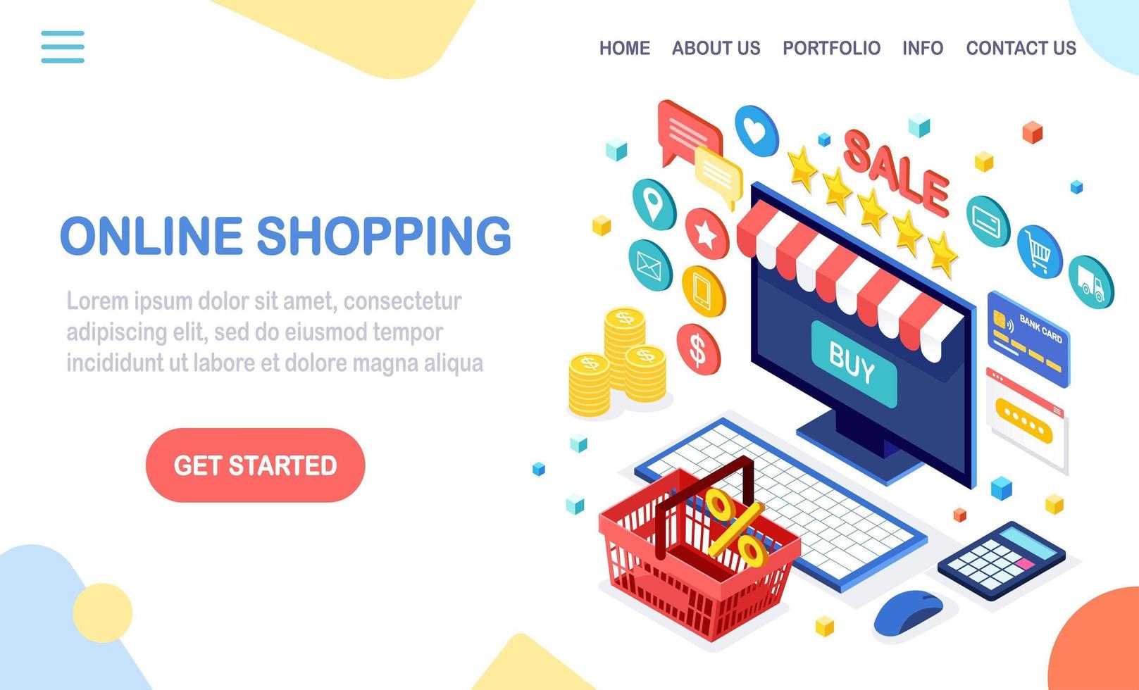 Online shopping , sale concept. Buy in retail shop by internet. 3d isometric computer, laptop with basket, money, credit card, customer review, feedback star. Vector design for web banner