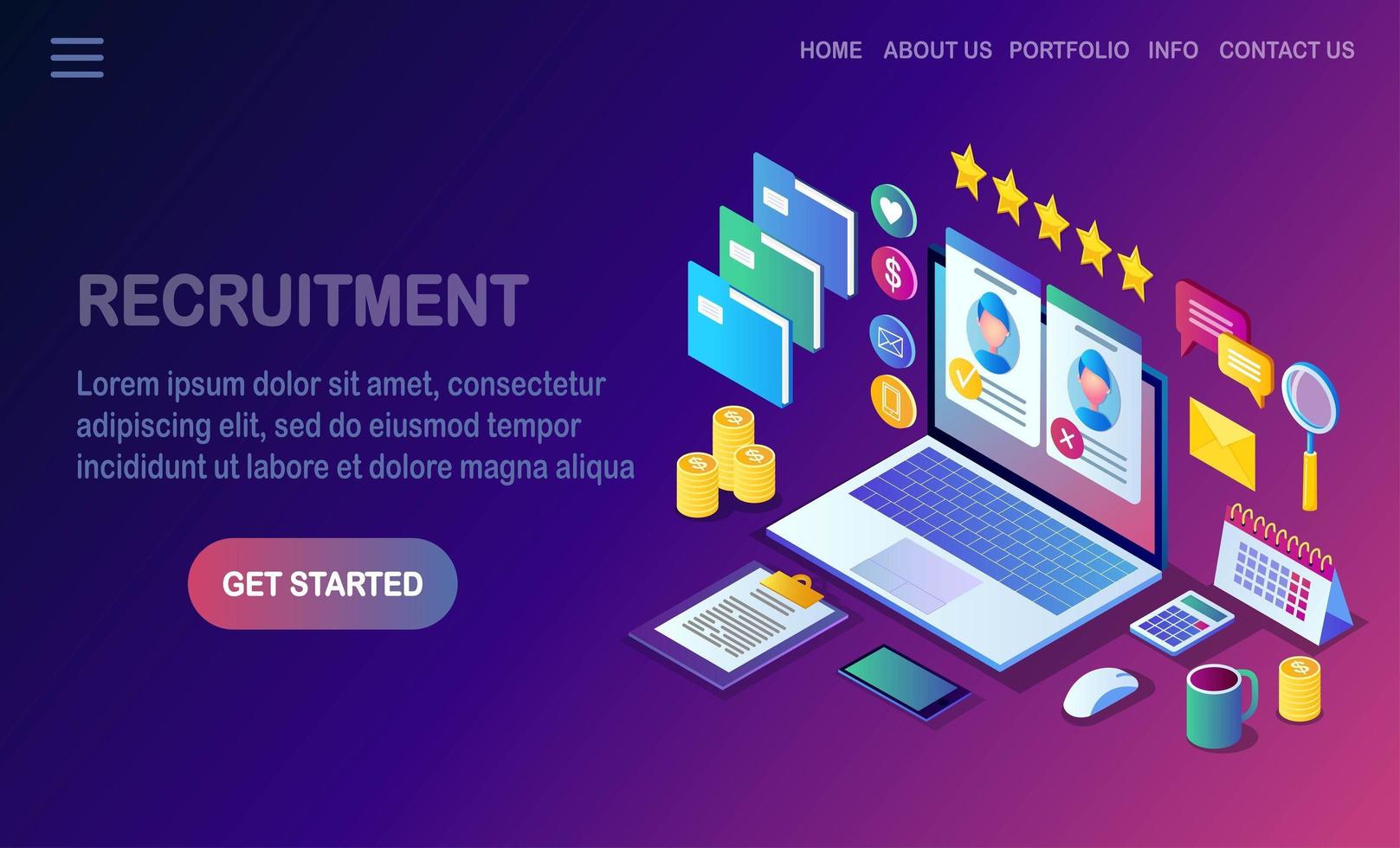 Recruitment. 3d isometric computer, laptop, pc with cv resume, folder, stars. Human Resources, HR. Hiring employees. Job interview. Vector design for banner