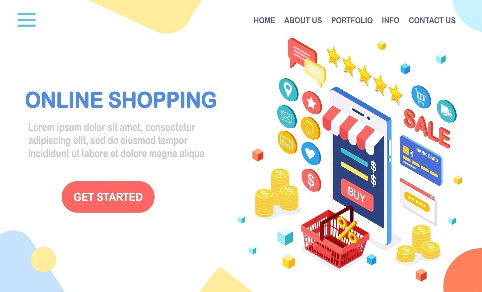 Online shopping concept. Buy in retail shop by internet. Discount sale. 3d  isometric mobile phone, smartphone with money, credit card, customer  review, feedback, bag, basket. Vector design for banner 4889660 Vector Art