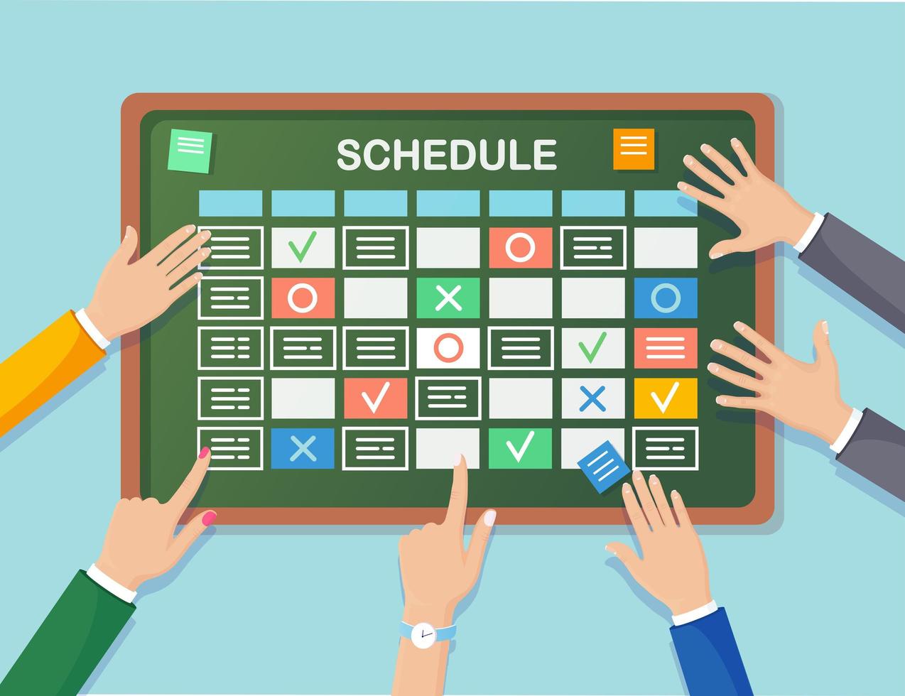 Planning schedule on task board concept. Planner, calendar on chalkboard. List of event for employee. Teamwork, collaboration, business time management concept. Vector flat design