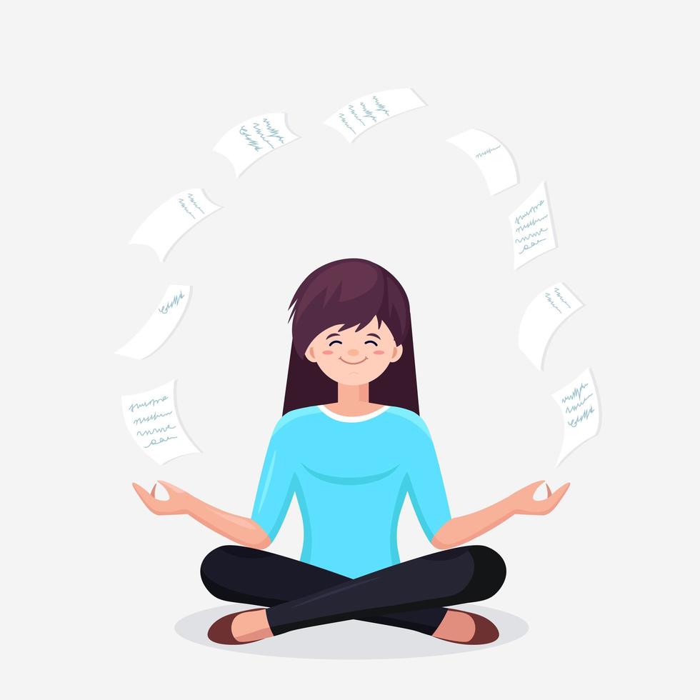 Woman doing yoga. Worker sitting in padmasana lotus pose with flying paper, meditating, relaxing, calm down and manage stress. Vector flat design