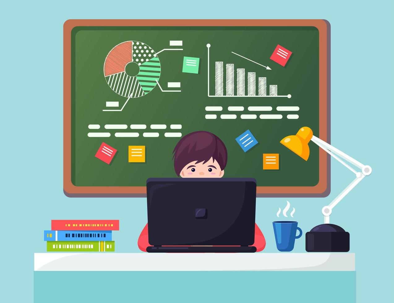 Business analysis, data analytics, research statistic, planning. Woman working at desk in office. Graph, charts, diagram on chalkboard. People analyze, plan development, marketing. Vector flat design