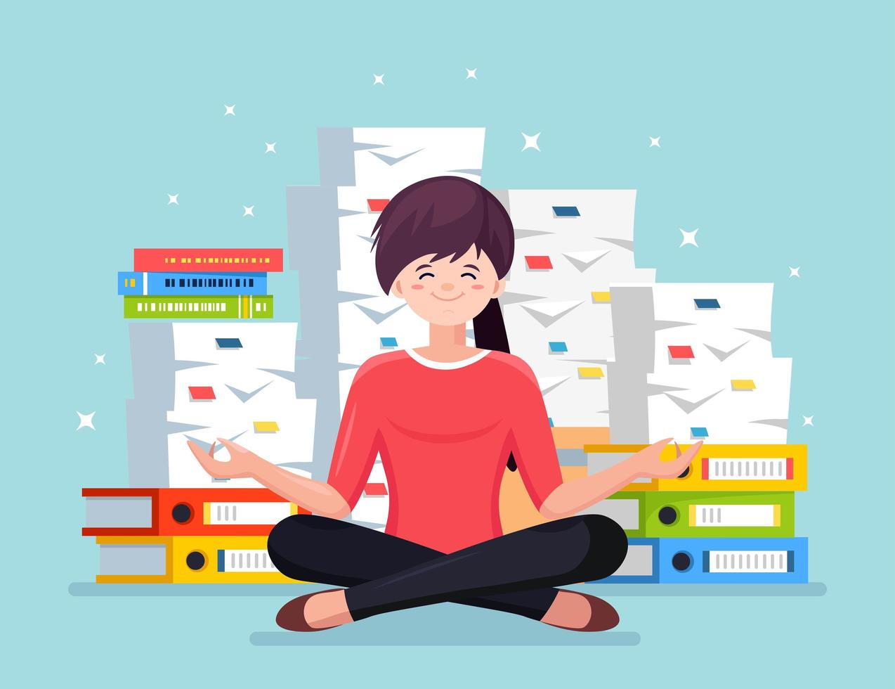 Woman doing yoga. Pile of paper, busy stressed employee with stack of documents in carton, cardboard box. Paperwork. Bureaucracy. Worker meditating, relaxing, calm down manage stress. vector