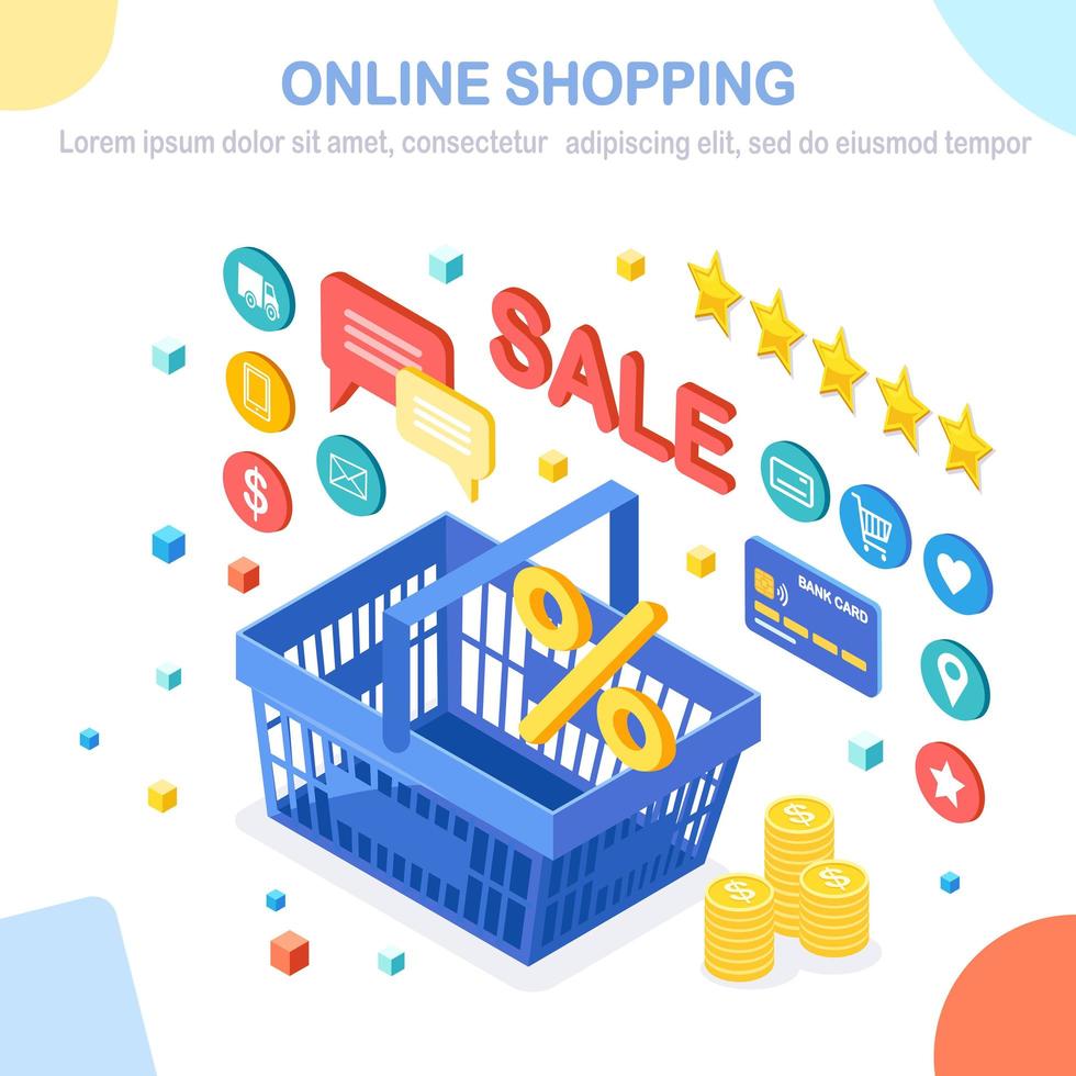 Online shopping concept. Buy in retail shop by internet. Discount sale. 3d isometric basket with money, credit card, customer review, feedback, store icons. Vector design for banner