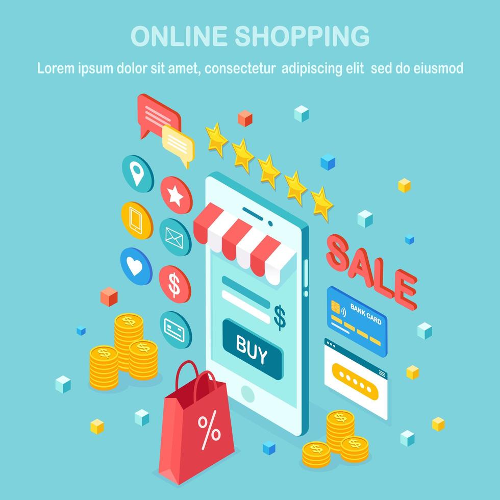 Online shopping concept. Buy in retail shop by internet. Discount sale. 3d isometric mobile phone, smartphone with money, credit card, customer review, feedback, bag, package. Vector design for banner