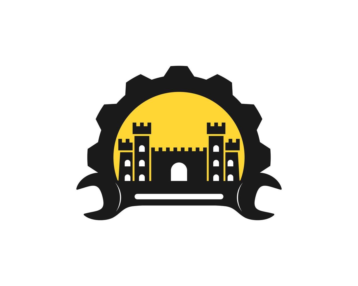 Gear with wrench and ancient fortress inside vector