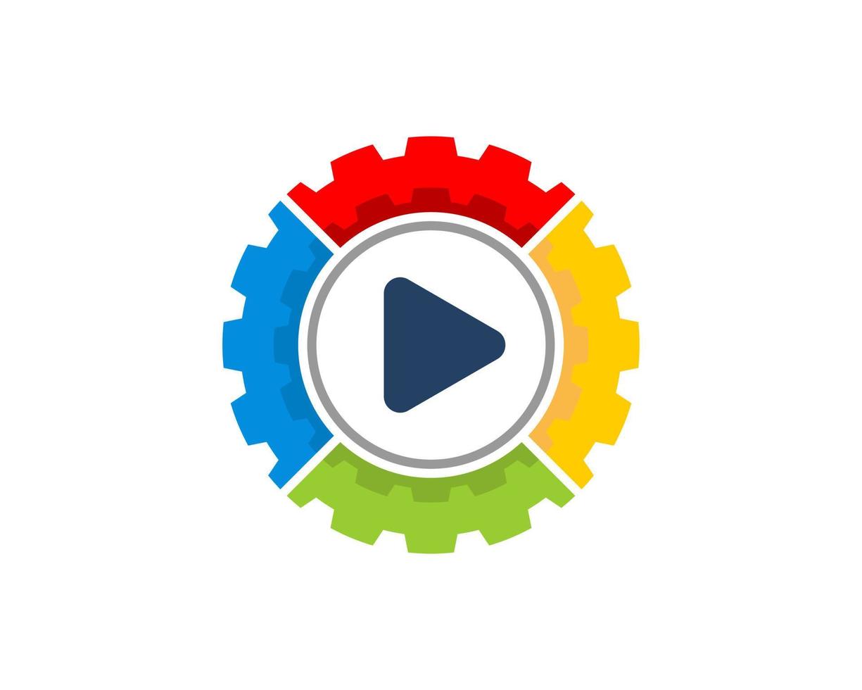 Mechanical gear with rainbow colors and media play button inside vector
