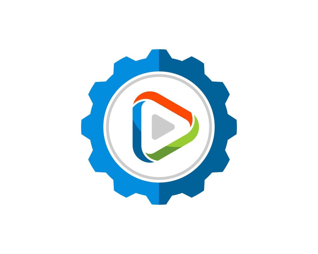 Mechanical gear with abstract media play button inside vector
