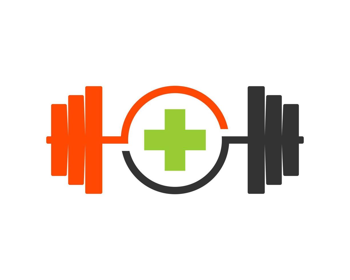 Gym barbell with circle shape and medical cross health inside vector