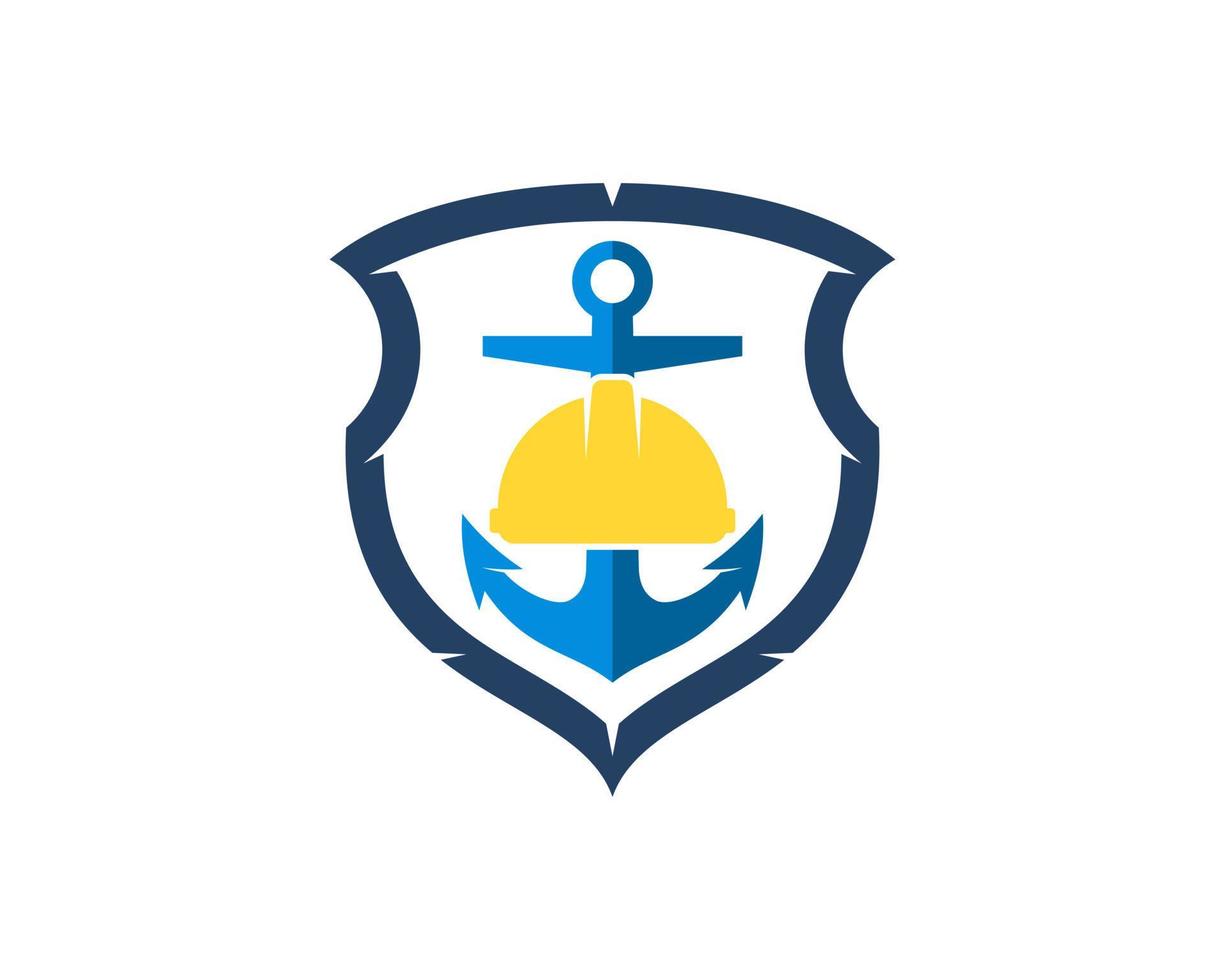 Escudo abstracto con ancla náutica y casco de seguridad. vector