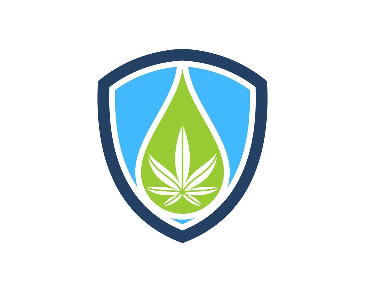 Simple shield with green water drop and cannabis leaf inside vector