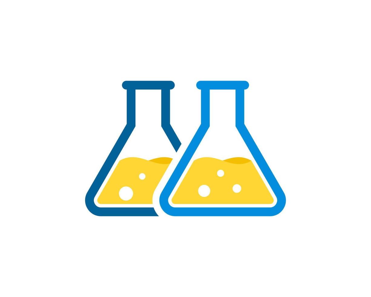 Two triangle bottle laboratory with yellow liquid inside vector