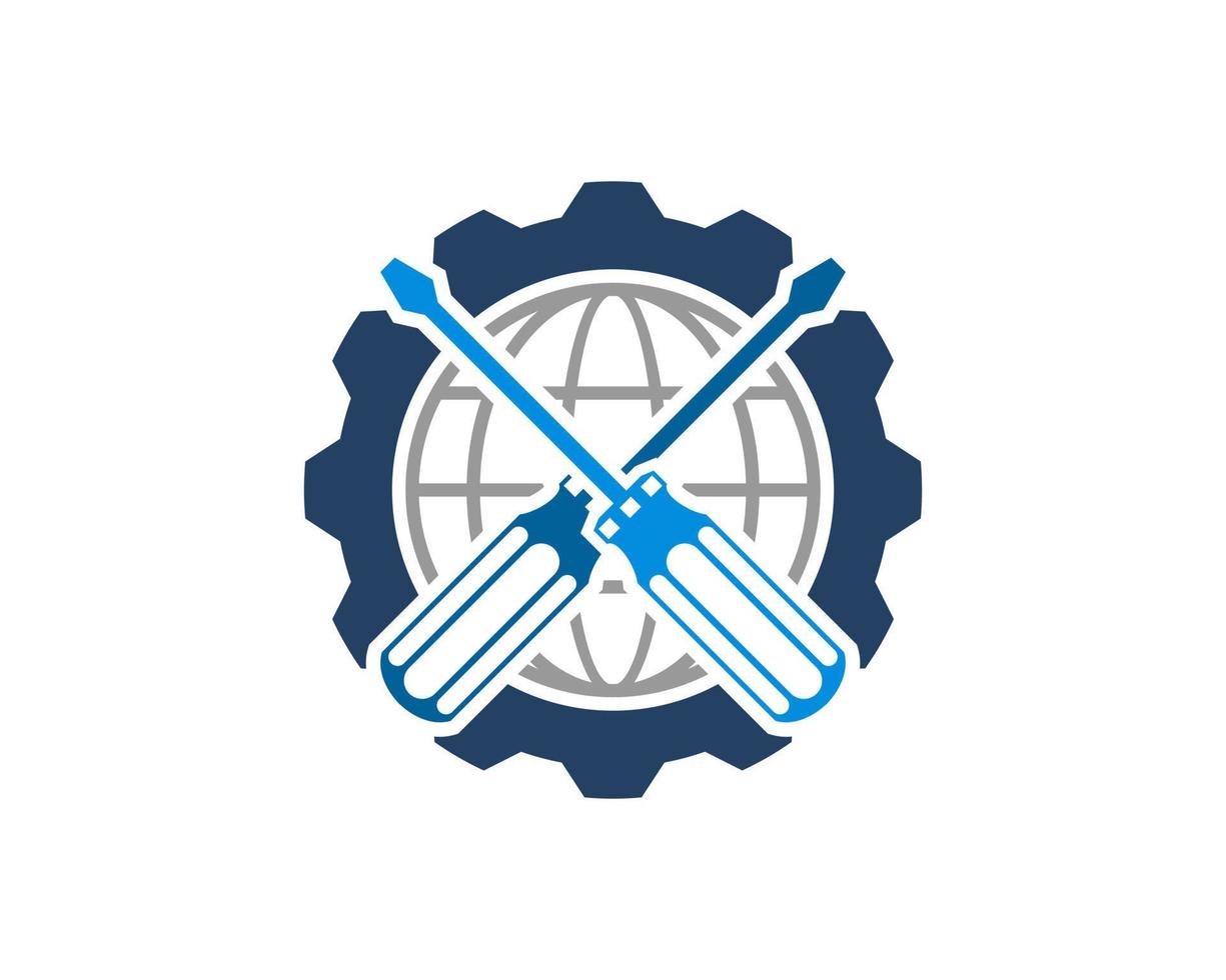 Mechanical gear with cross screwdriver and abstract globe inside vector
