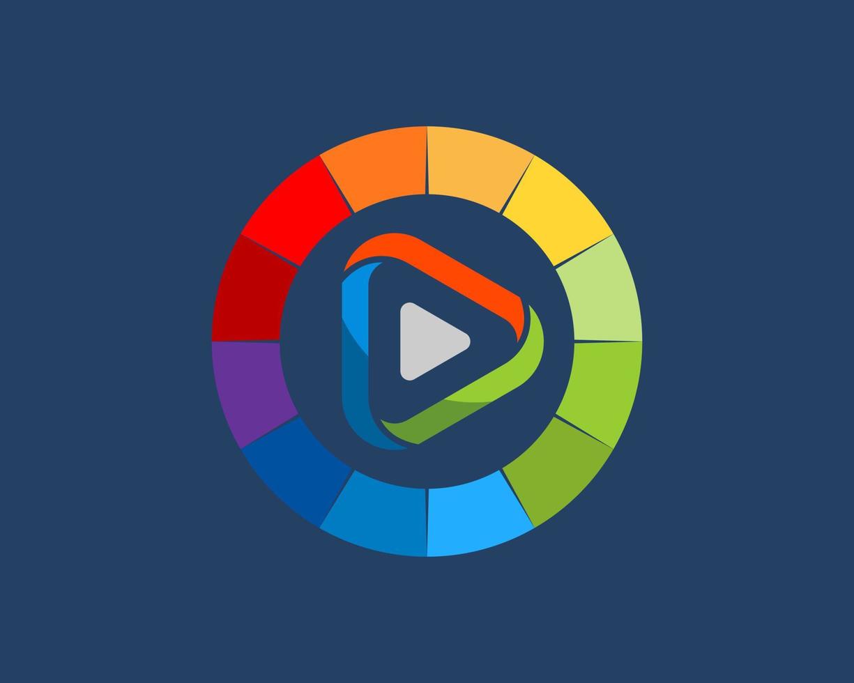 forma de círculo con colores del arco iris y botón de reproducción multimedia en el interior vector