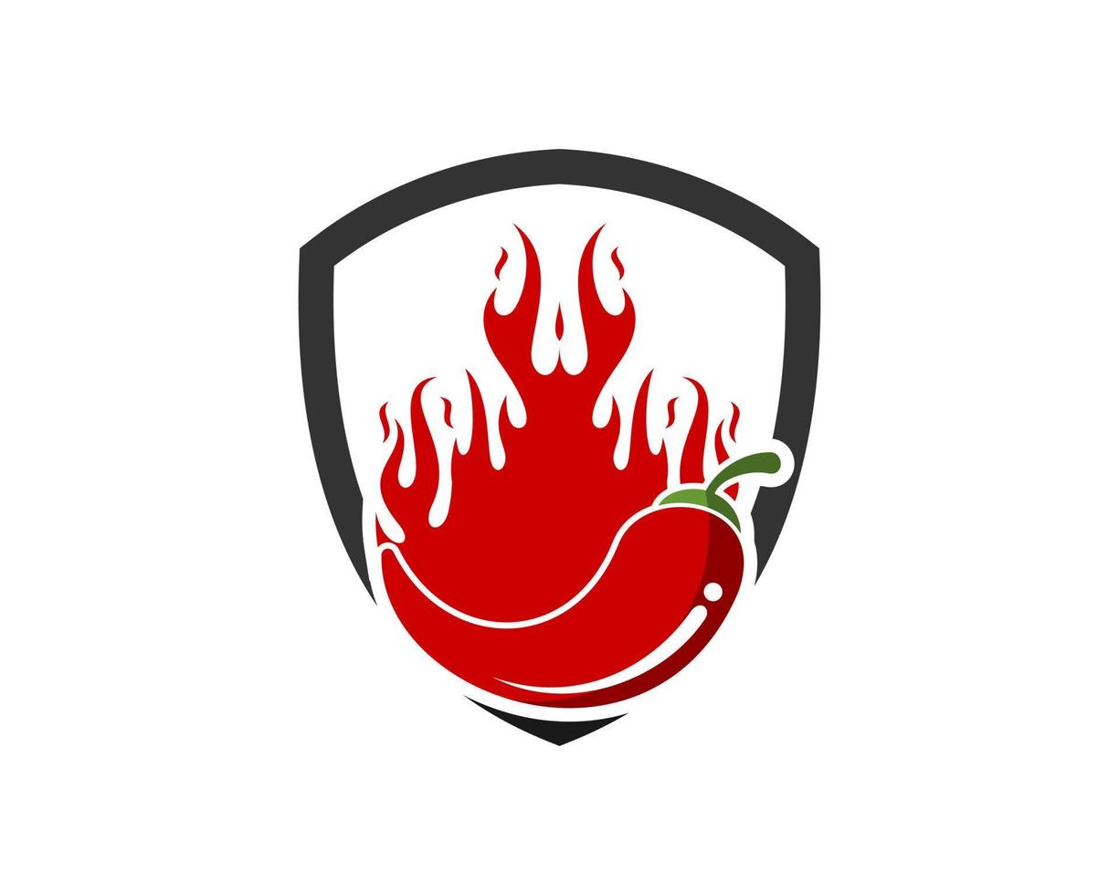 Simple shield with hot chilli and fire flame ion the top vector