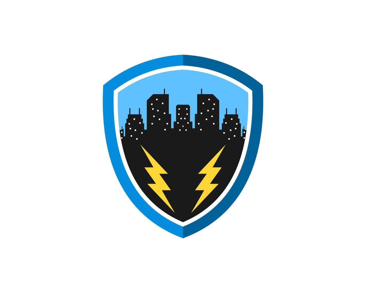 escudo simple con edificio de la ciudad e iluminación eléctrica vector