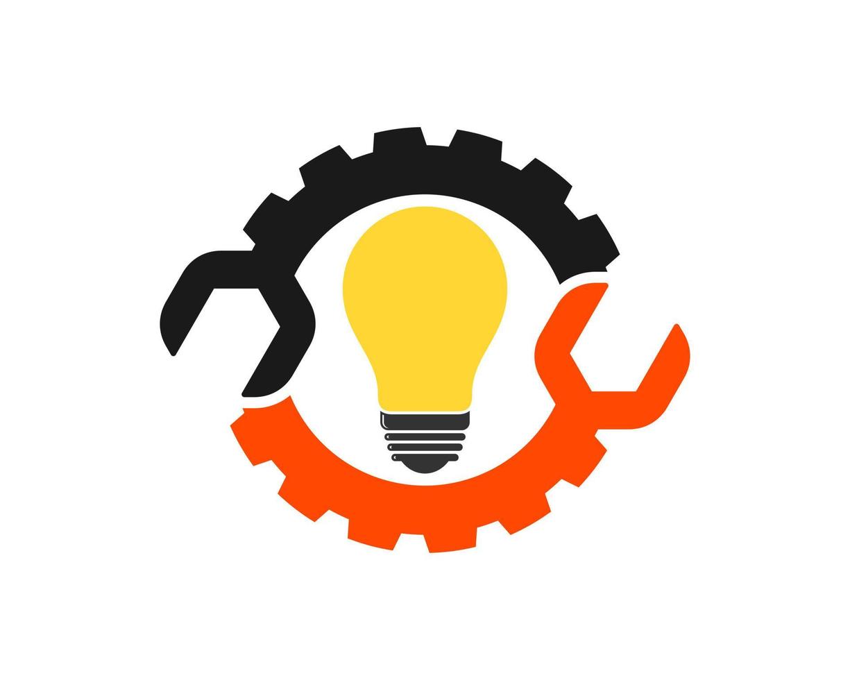 Mechanical gear with wrench and electrical bulb inside vector