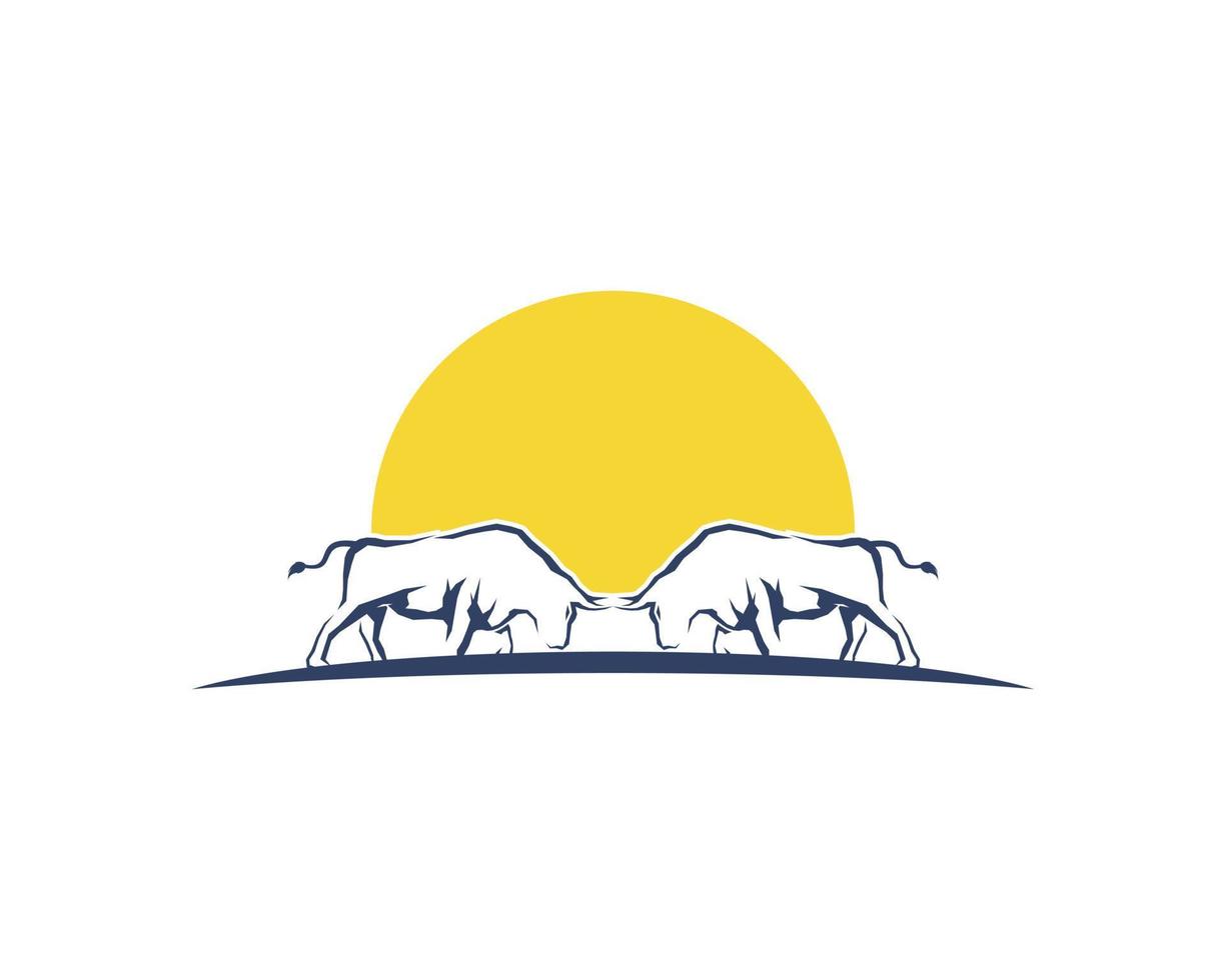 Twin bull silhouette with yellow sunset behind vector
