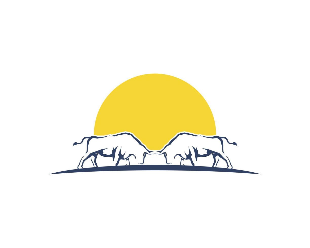 Twin bull silhouette with yellow sunset behind vector