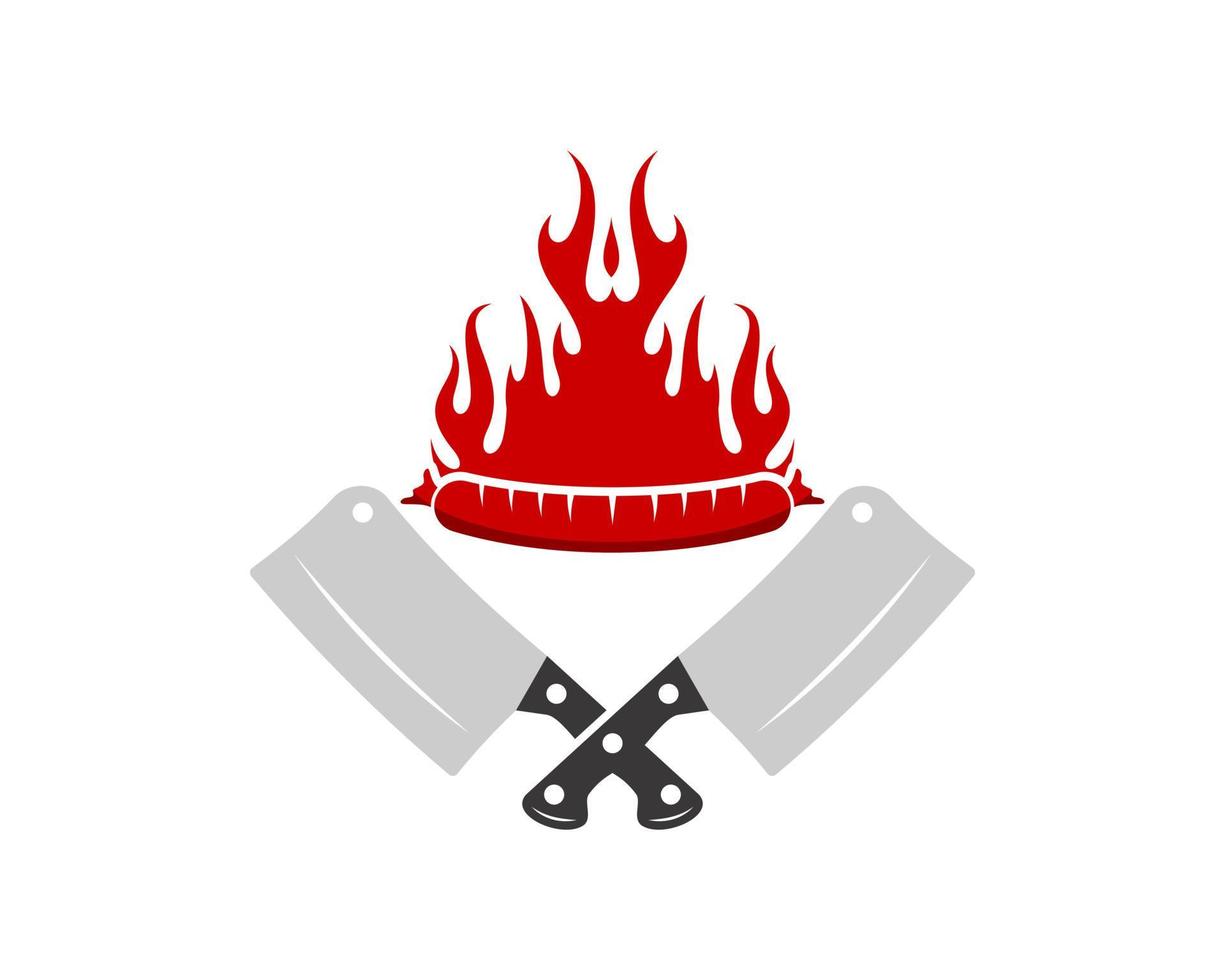 Cross butcher knife with sausage and fire on the top vector