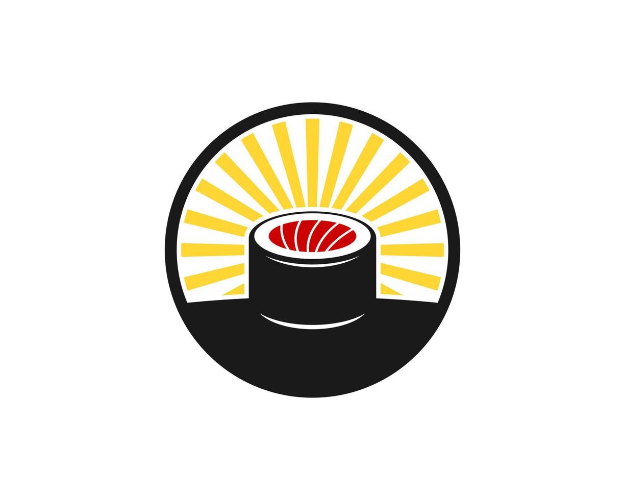 Circle shape with japanese sushi and shinning sun behind vector