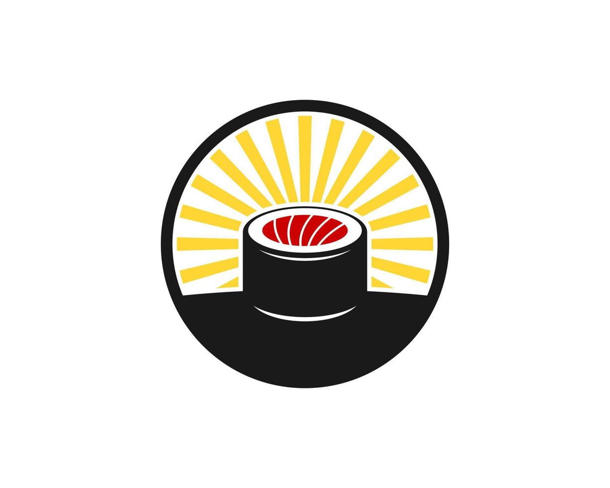 Circle shape with japanese sushi and shinning sun behind vector