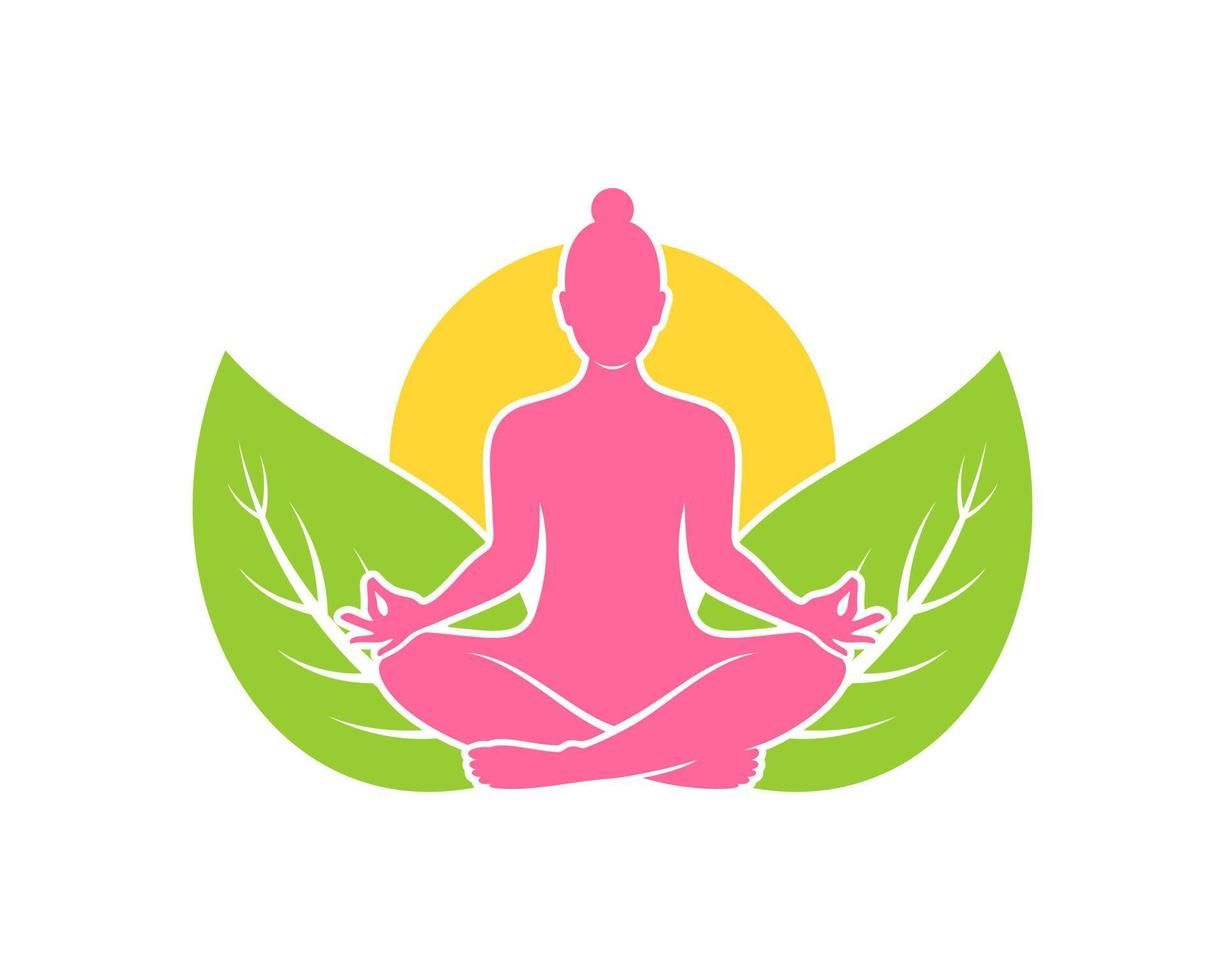 Beautiful women yoga with leaf and sunset behind vector