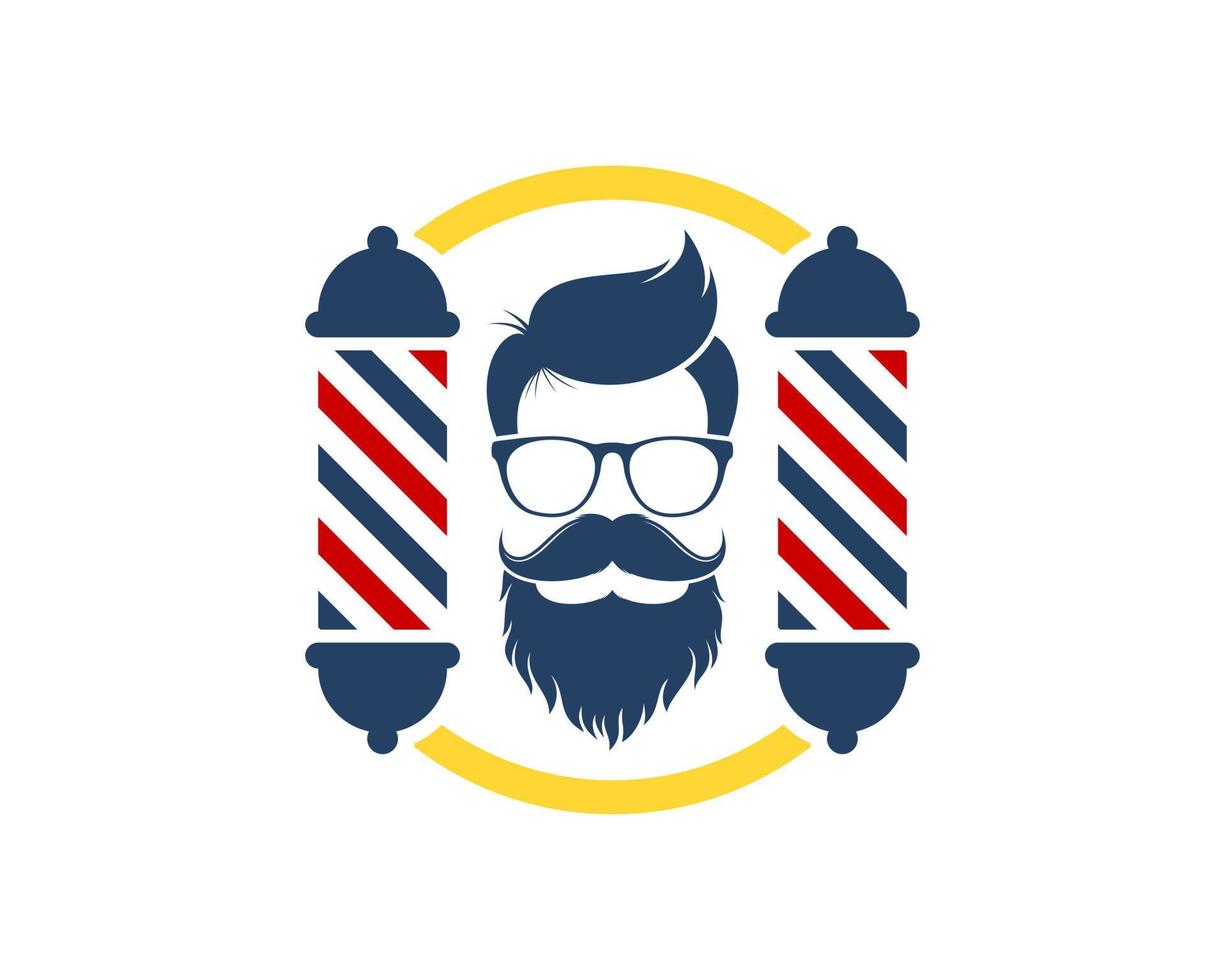 Circle shape with barbershop symbol and geek face inside vector