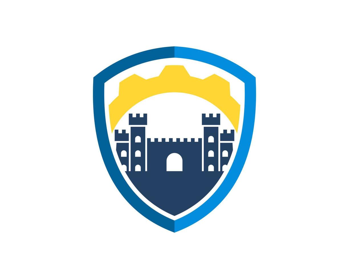 Simple shield with ancient fortress and gear inside vector