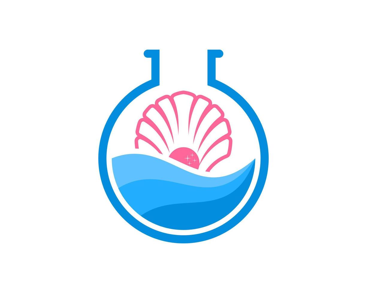 Simple bottle laboratory with abstract beach wave and clams vector