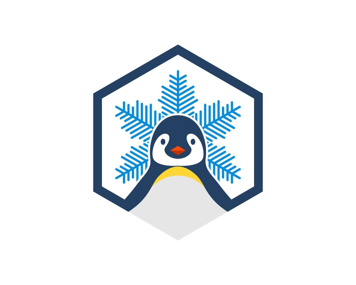 Hexagonal shape with cute penguin and snow flower inside vector
