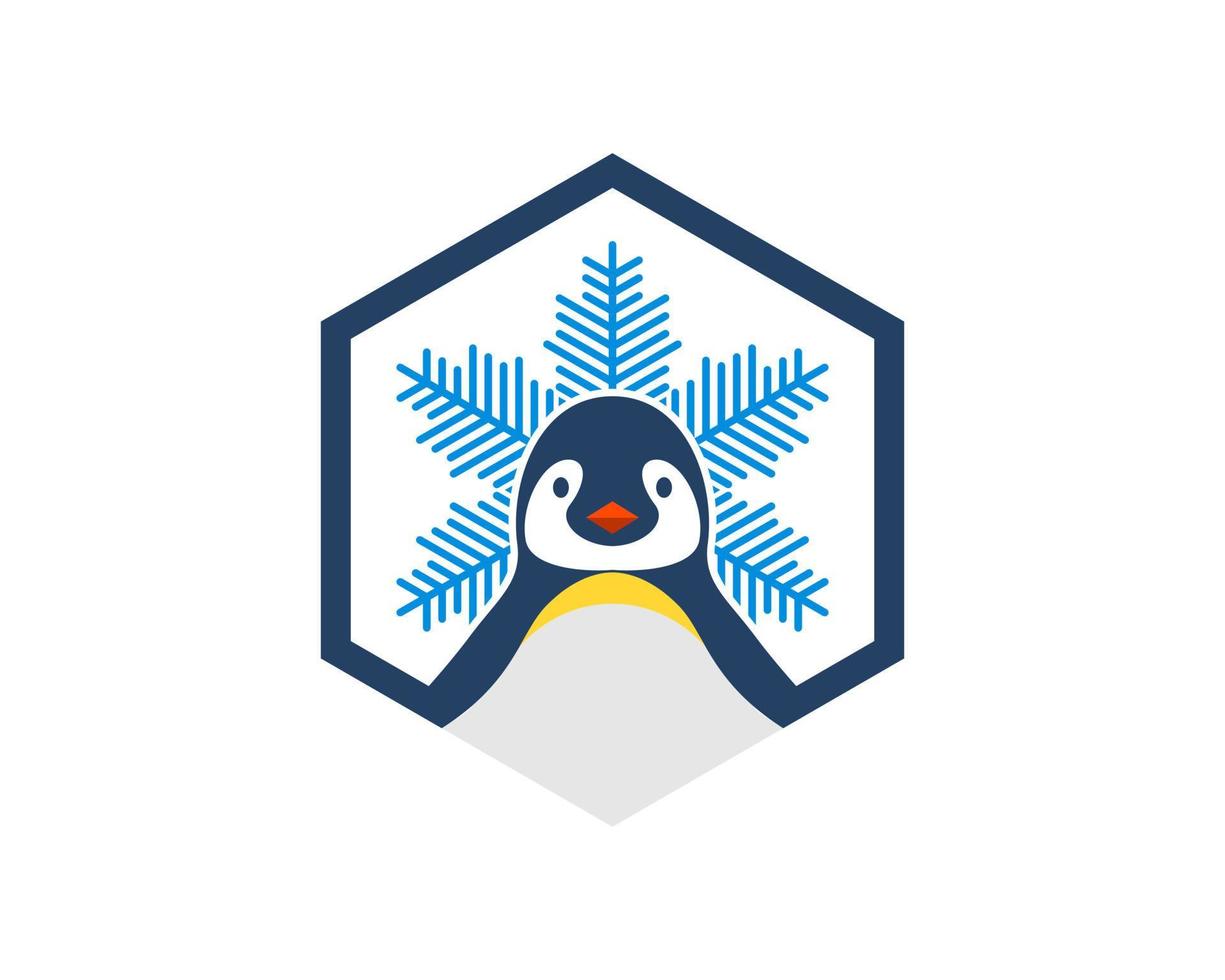 Hexagonal shape with cute penguin and snow flower inside vector