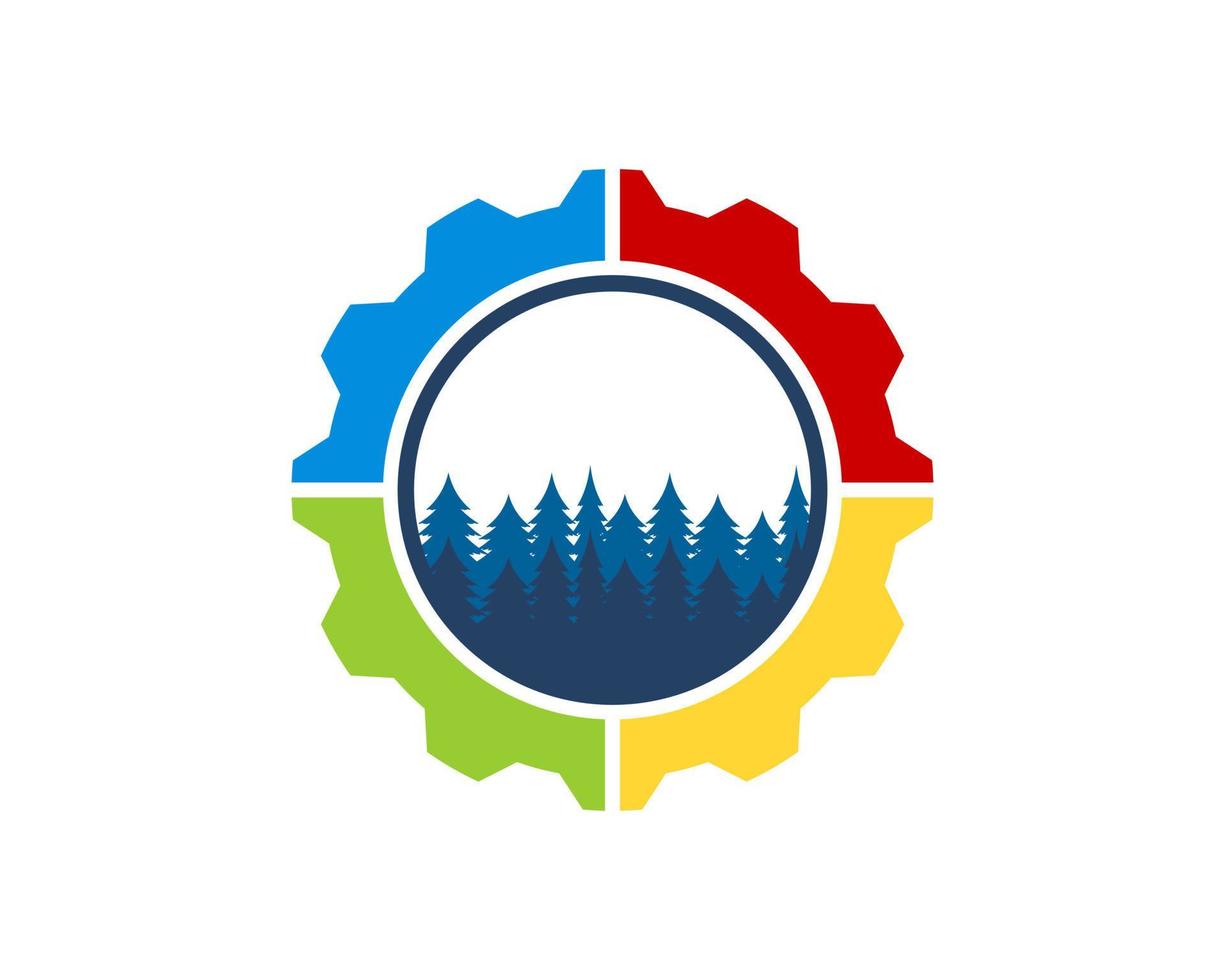 Mechanical rainbow gear with pine forest inside vector