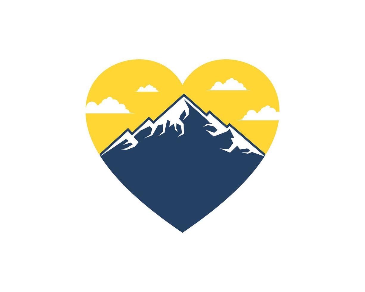 forma de amor con montaña y puesta de sol detrás vector