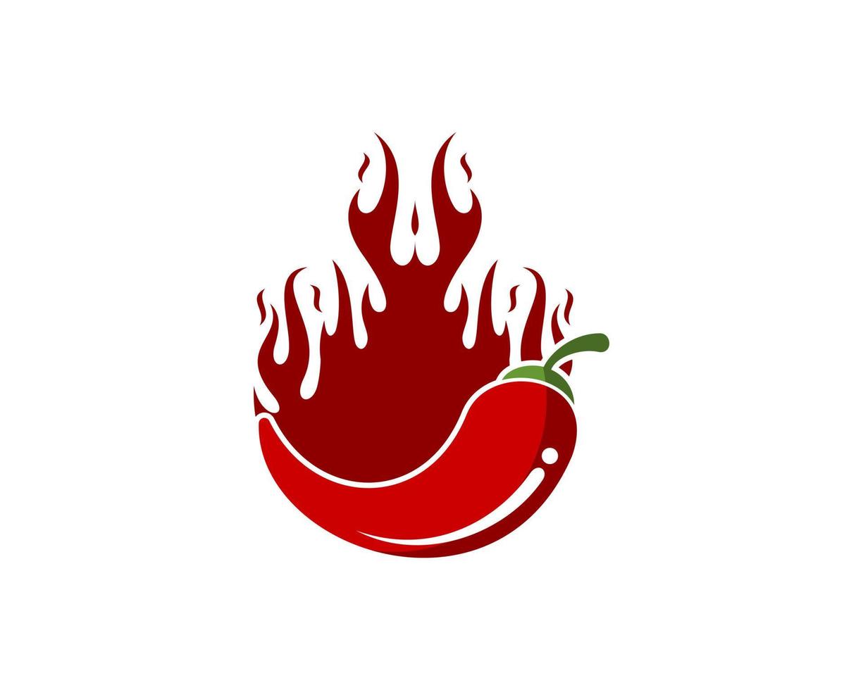 Chile rojo picante con llama de fuego detrás vector