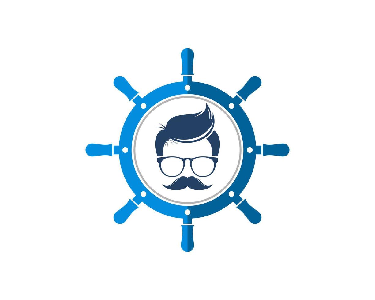 Ship steering wheel with geek face and mustache inside vector