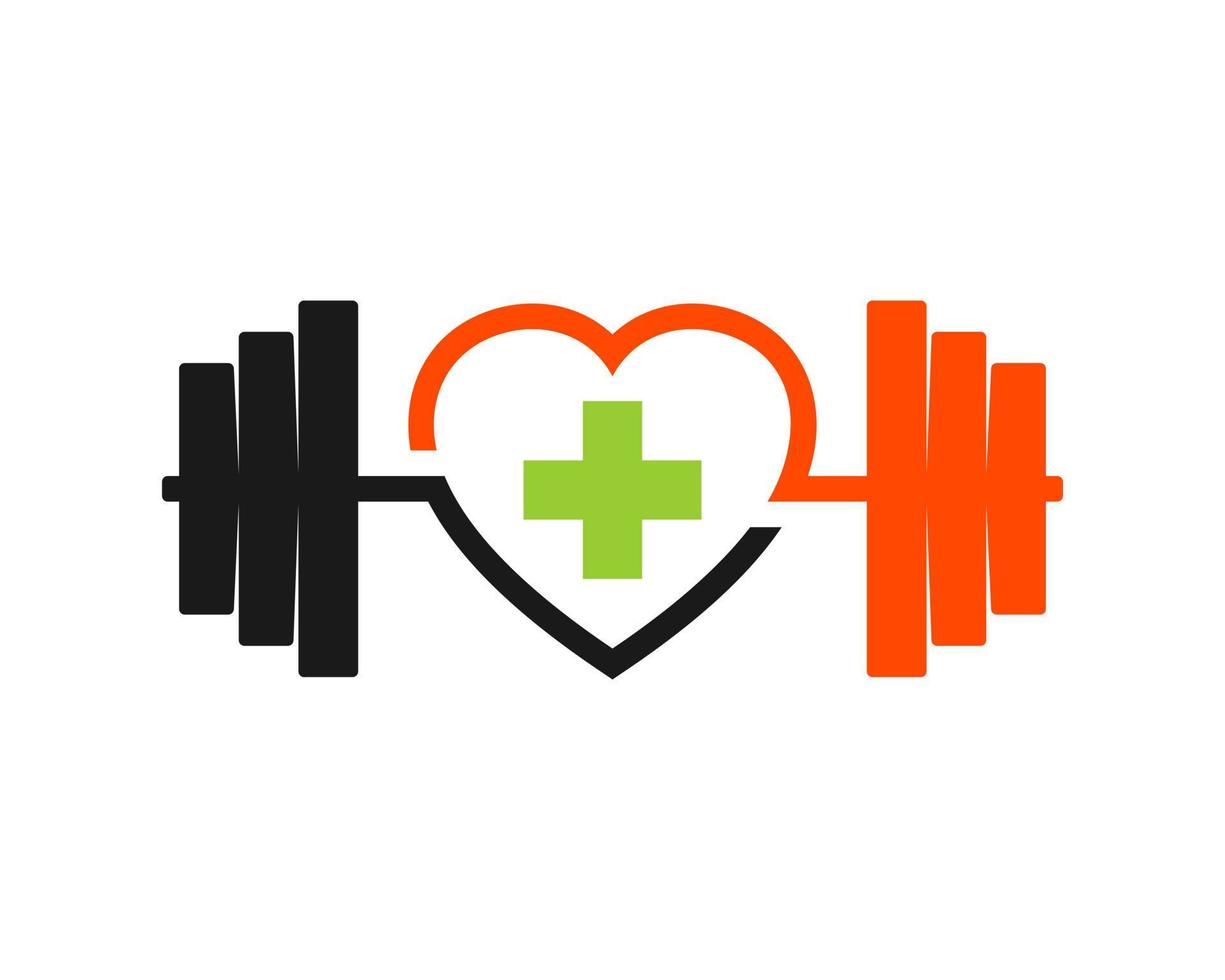 Gym barbell with love shape and medical cross inside vector