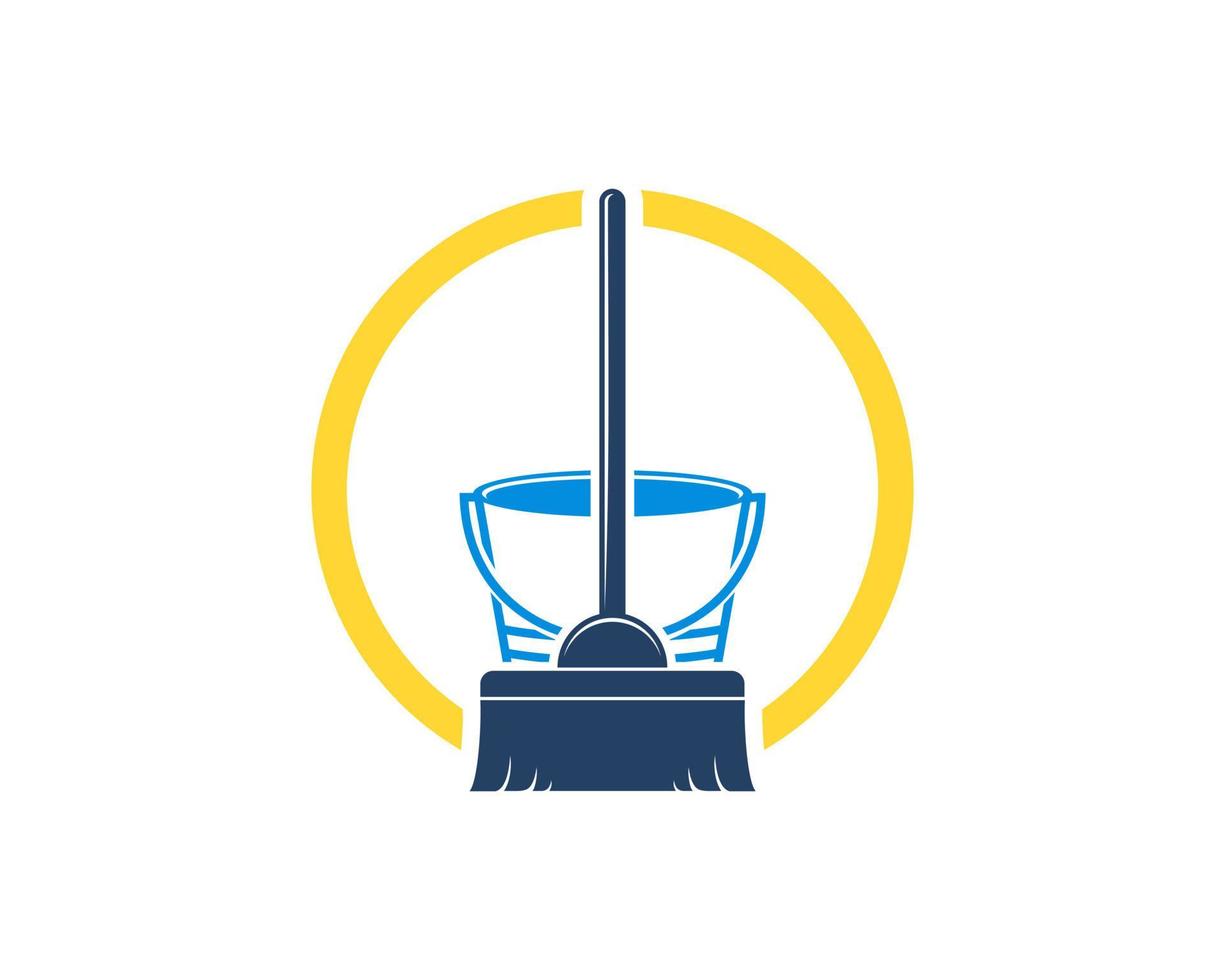 Circle shape with broom and bucket inside vector