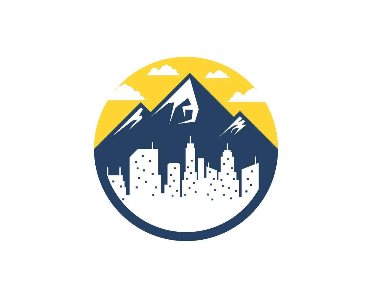 Circle shape with mountain and city building inside vector