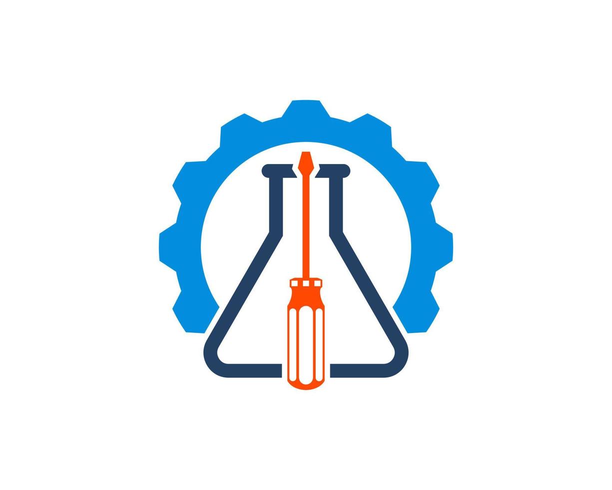 Mechanical gear with laboratory bottle and screwdriver inside vector