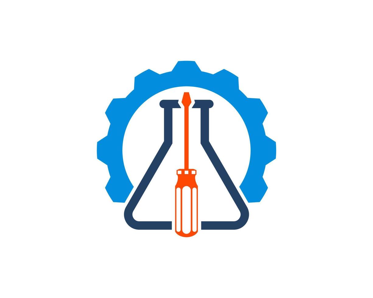 Mechanical gear with laboratory bottle and screwdriver inside vector