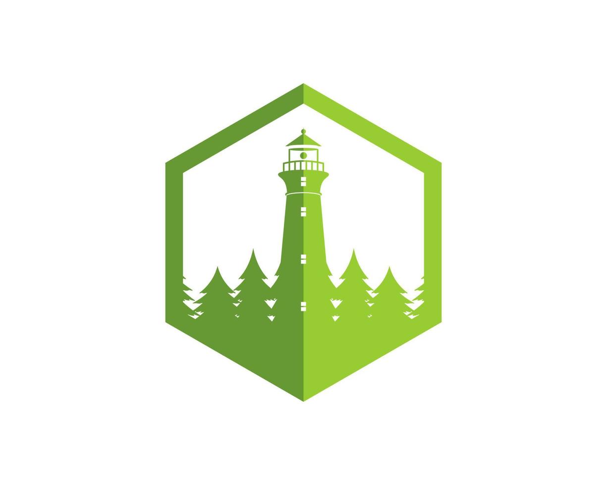 Hexagonal shape with lighthouse and pine forest vector